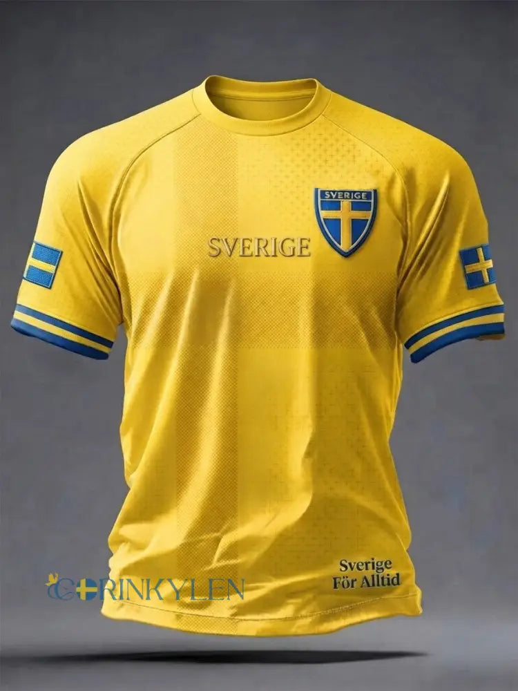 Herrtröja i retrostil med svensk fotbollsmotiv och korta ärmar - gul / S