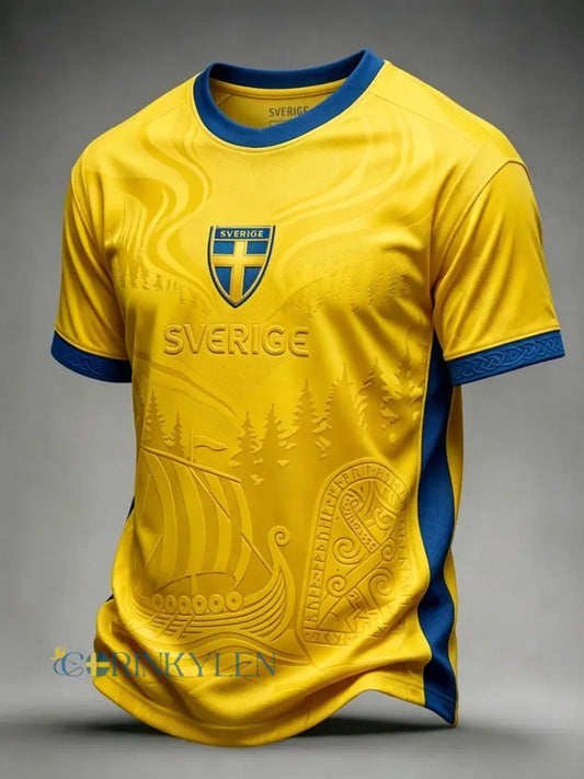 Herrtröja i retrostil med svensk fotbollsmotiv och korta ärmar - gul / S