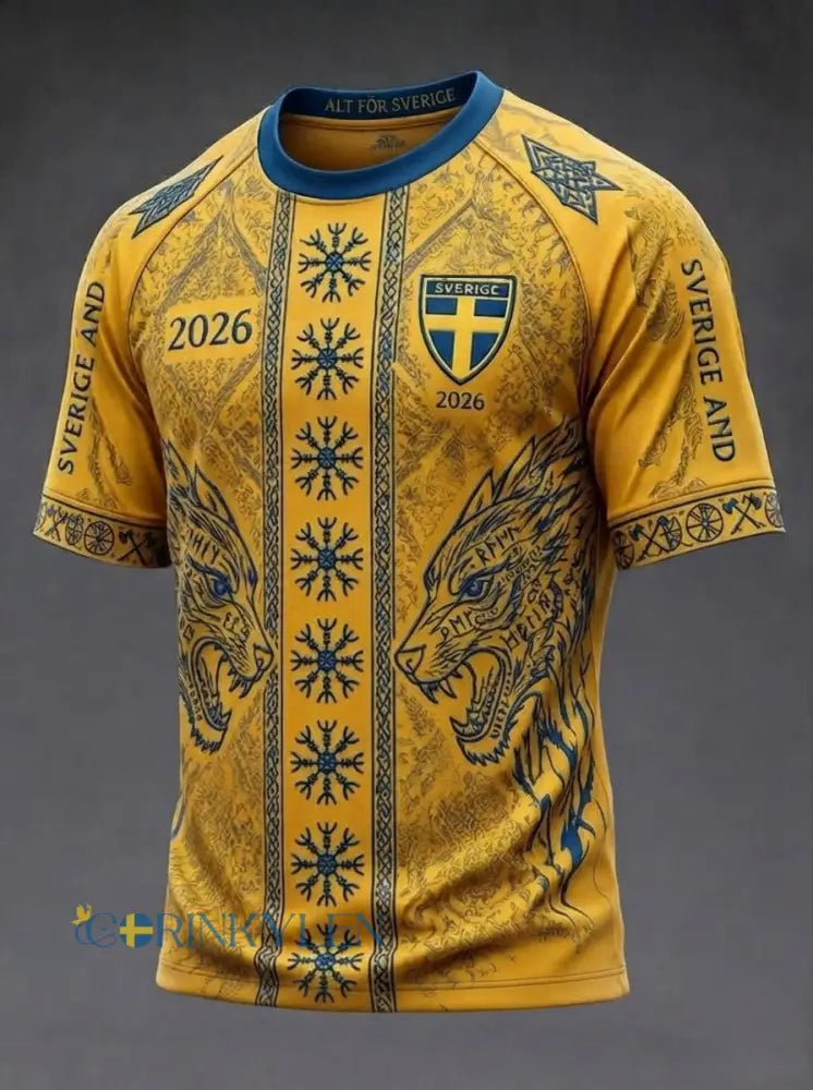 Herrtröja i retrostil med svensk fotbollsmotiv och korta ärmar - gul / S