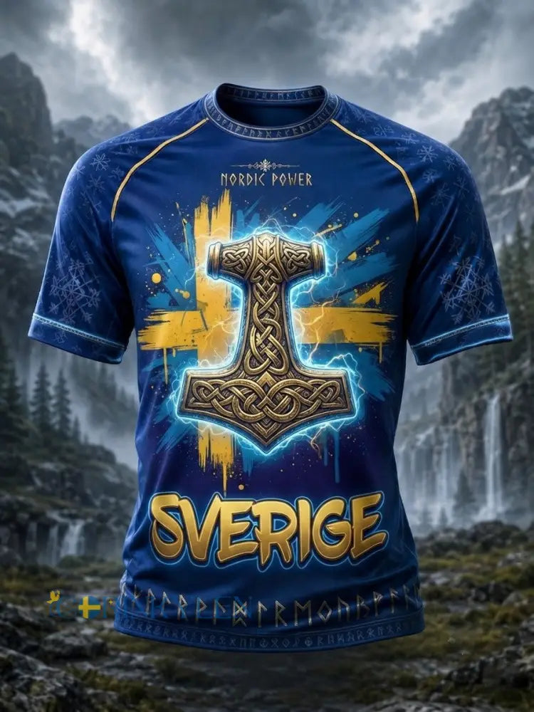 Herrtröja i retrostil med svensk vikingmotiv och korta ärmar - blå / S