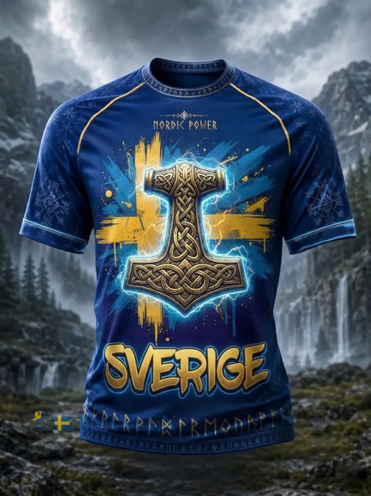 Herrtröja i retrostil med svensk vikingmotiv och korta ärmar - blå / S