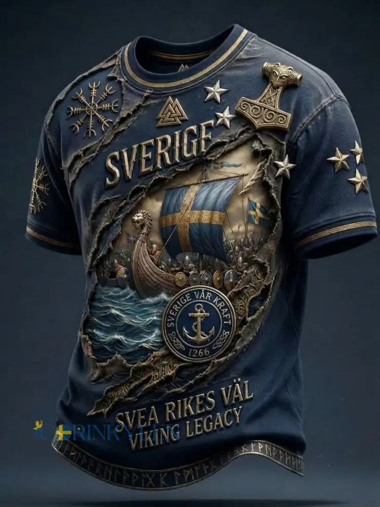 Herrtröja i retrostil med svensk vikingmotiv och korta ärmar - blå / S