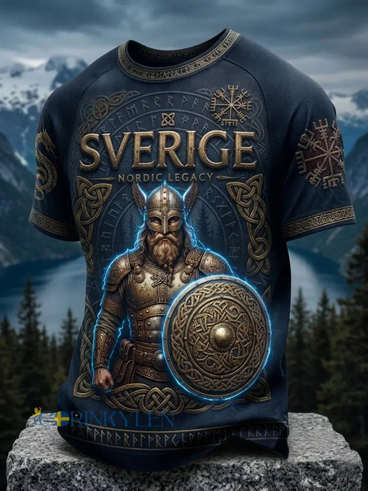 Herrtröja i retrostil med svensk vikingmotiv och korta ärmar - blå / S