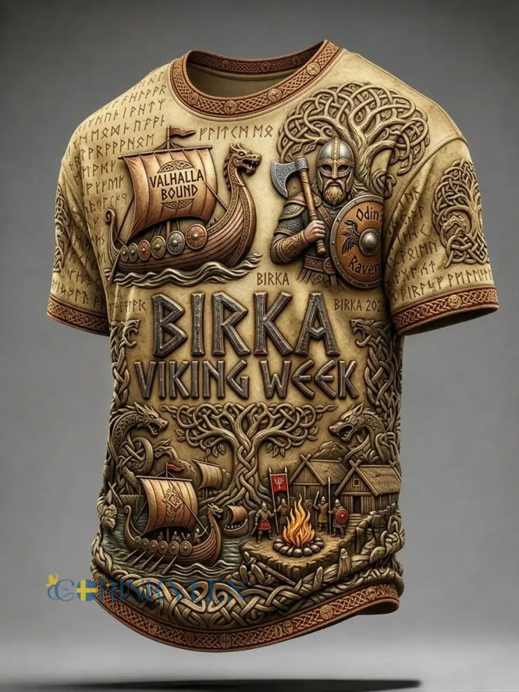 Herrtröja i retrostil med svensk vikingmotiv och korta ärmar - brun / S