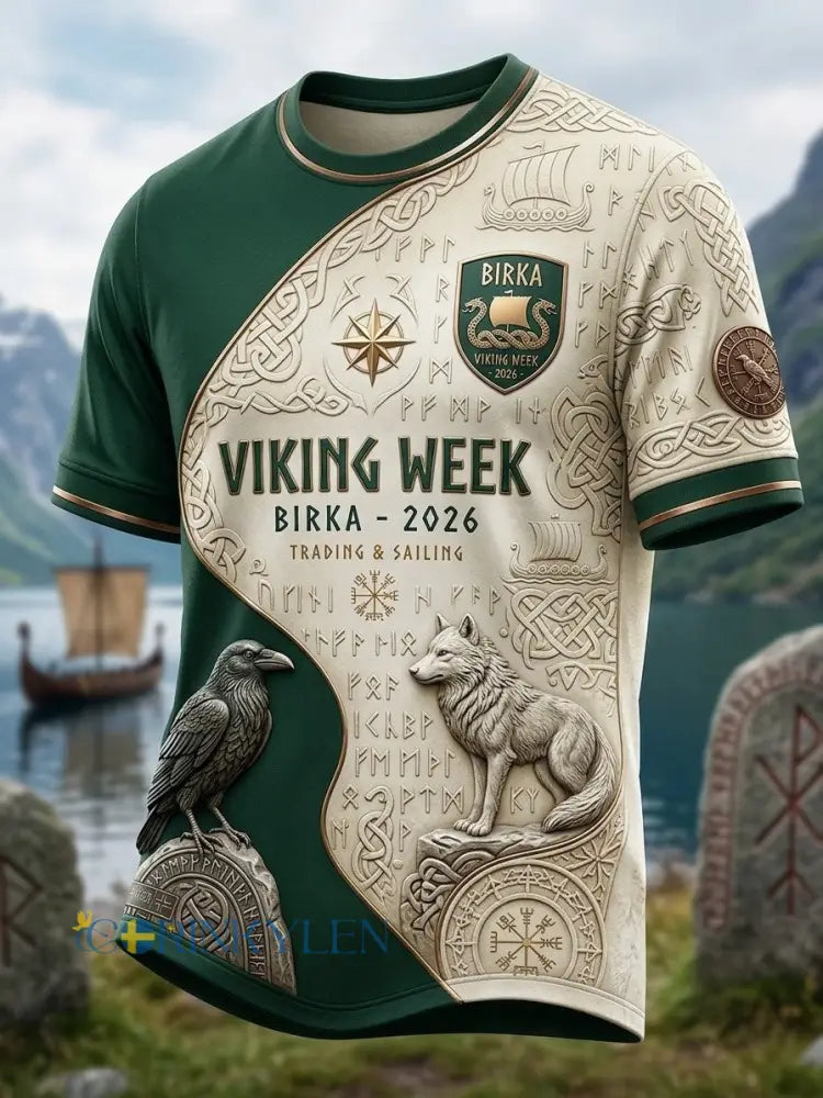 Herrtröja i retrostil med svensk vikingmotiv och korta ärmar - grönt / S
