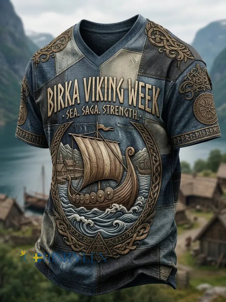 Herrtröja i retrostil med v-ringning och korta ärmar inspirerad av de svenska vikingarna - blå / S
