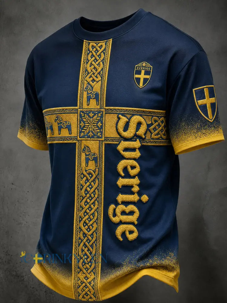 Herrtröja i retrovikingastil med Sveriges fotbollsnationsflagga och emblem kortärmad - A / S