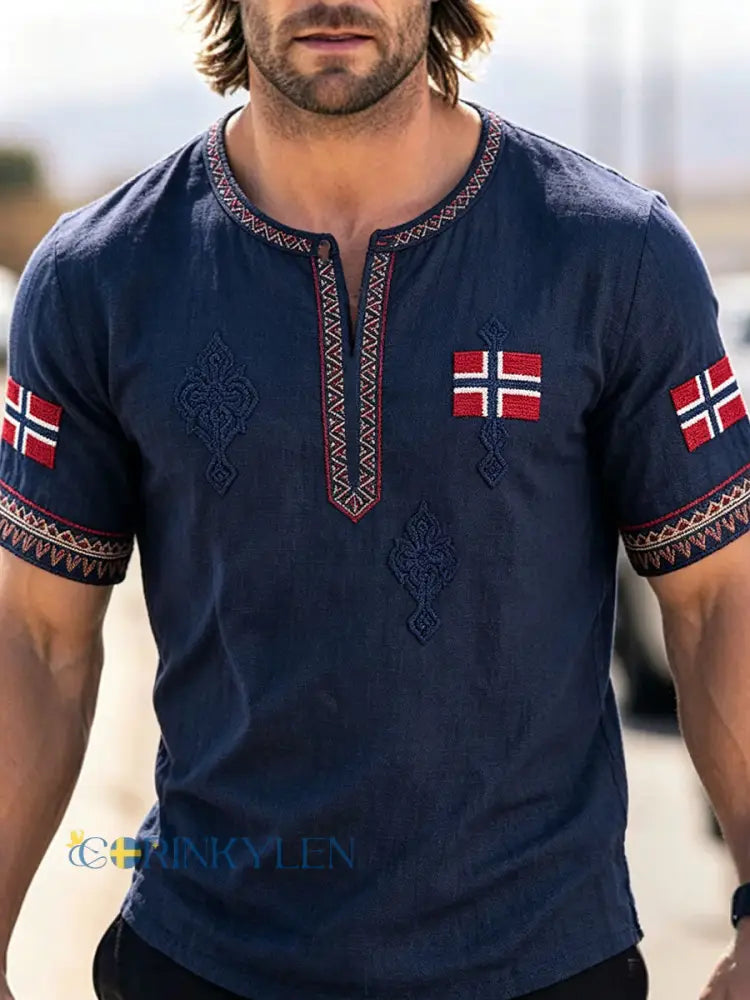 Herrtröja i skandinavisk stil med norsk konsttryck på linne - blå sjöfart / S