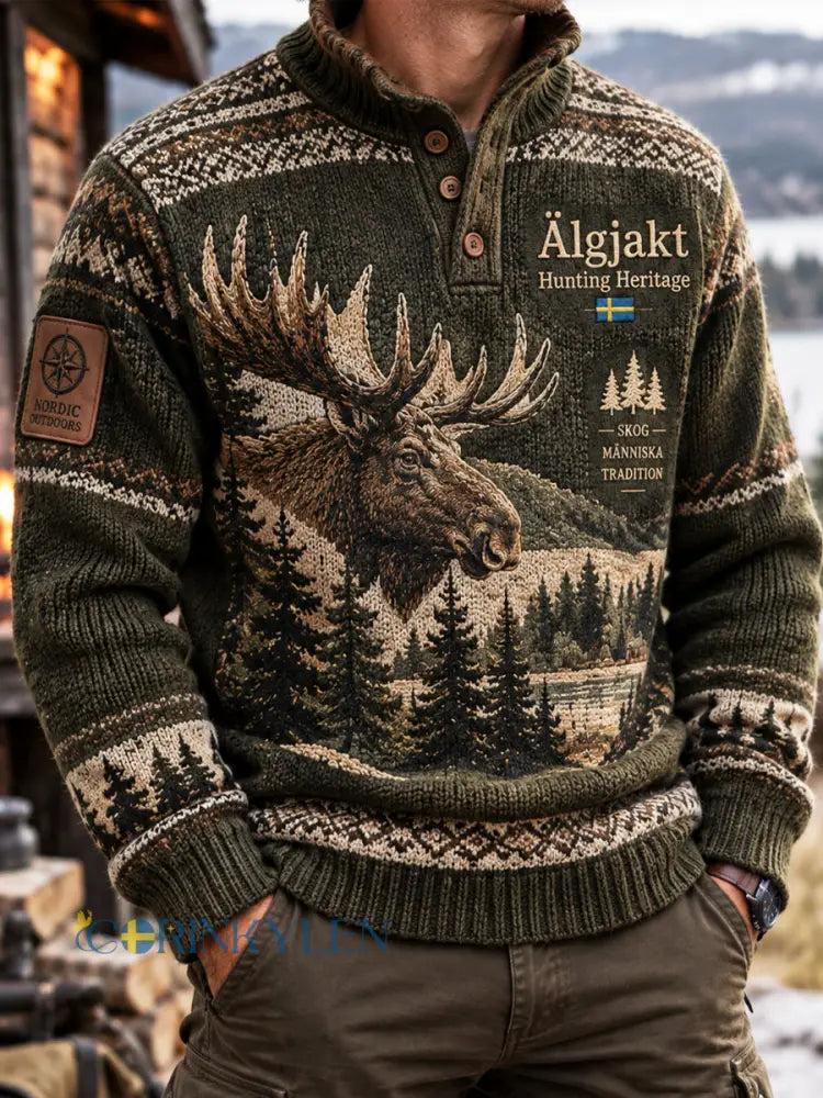 Herrtröja i skogsmönster med älgmotiv – Heritage-kollektionen - som bild / S