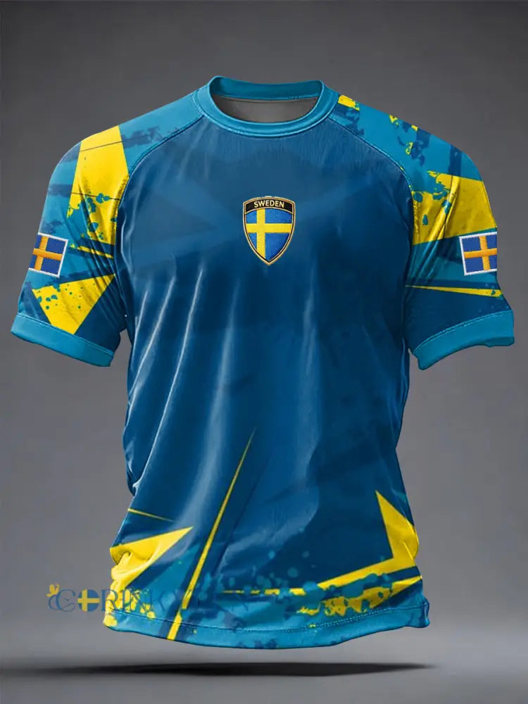 Herrtröja i svensk fotbollsstil med tryckt motiv ledig modell och korta ärmarna - som bild / S