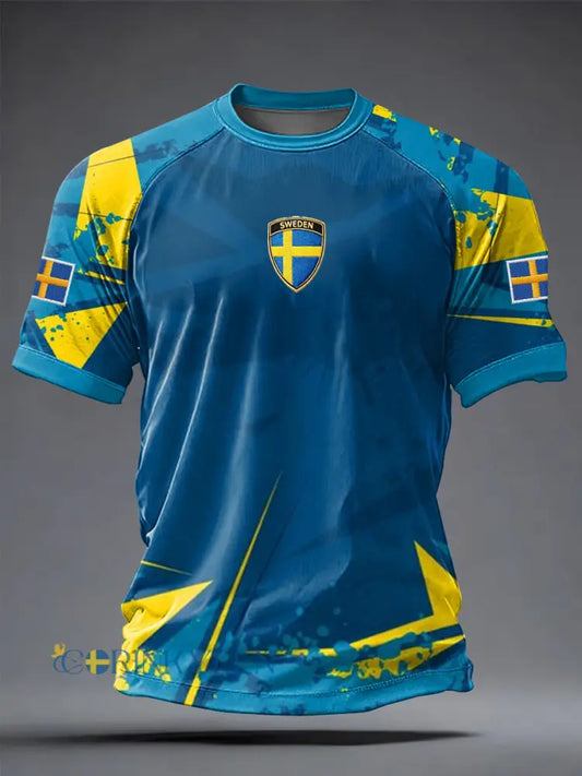 Herrtröja i svensk fotbollsstil med tryckt motiv ledig modell och korta ärmarna - som bild / S