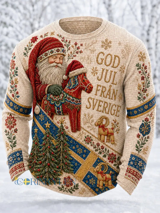 Herrtröja i svenskt jultema med vaflemönster långärmad och rund hals - bäie / S