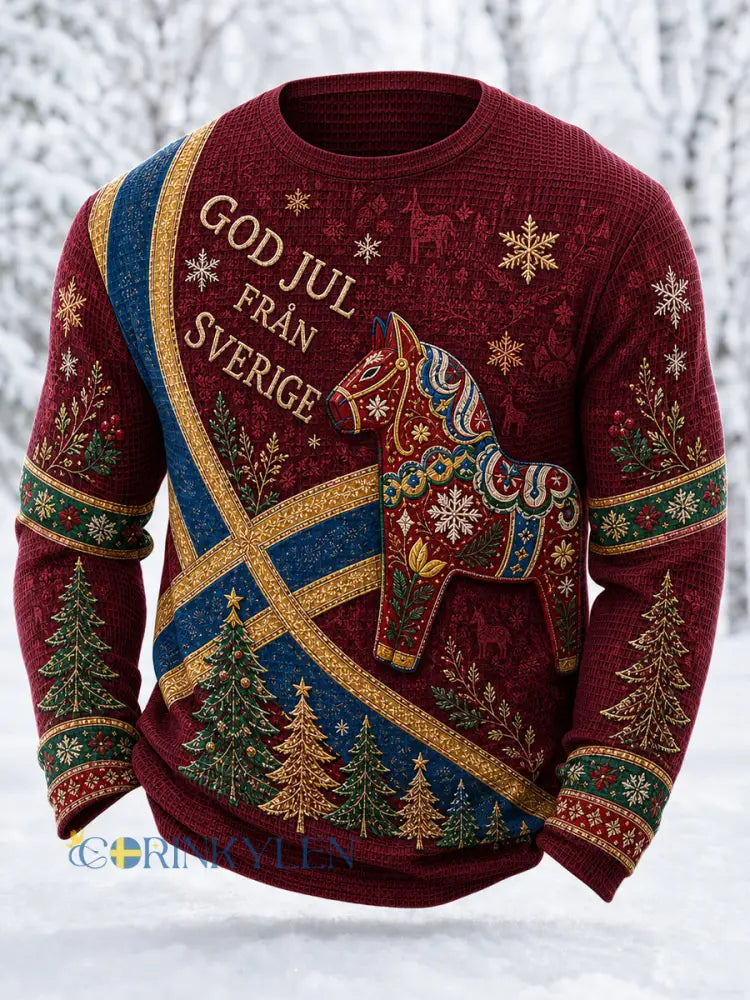 Herrtröja i svenskt jultema med vaflemönster långärmad och rund hals - vinröd / S