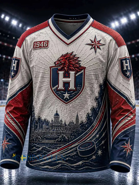 Herrtröja i traditionellt hockeymönster med tryck - som bild / S