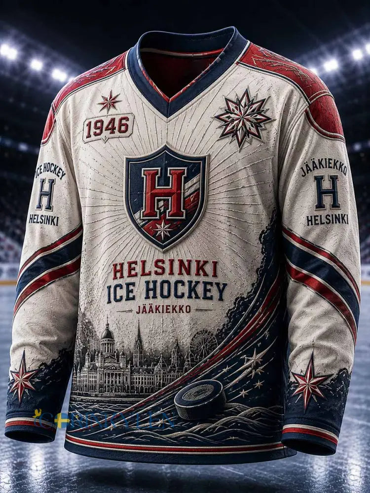 Herrtröja i traditionellt hockeymönster med tryck - som bild / S