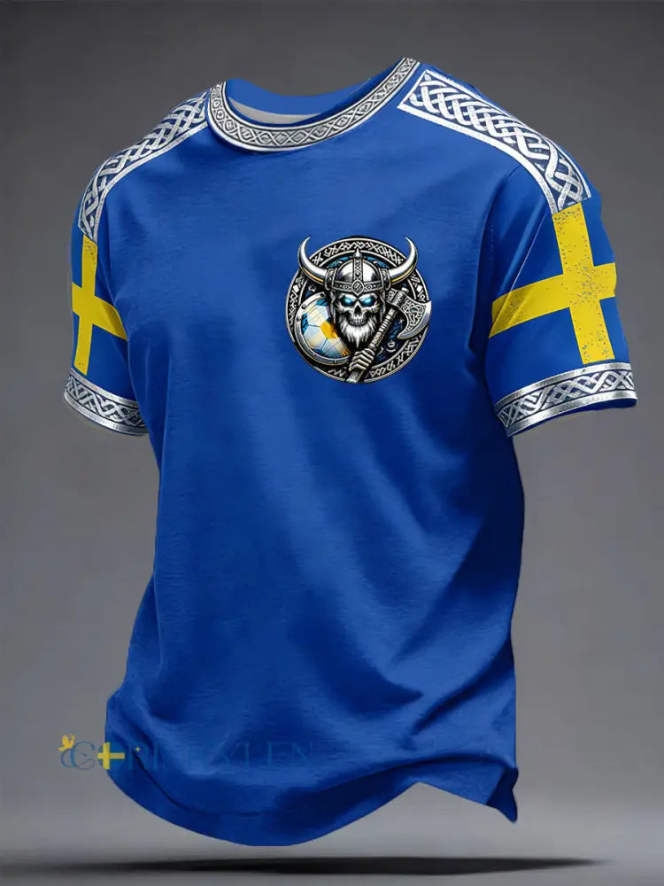 Herrtröja i vikingastil från Sverige med fotbollsmotiv och tryck - blå / S