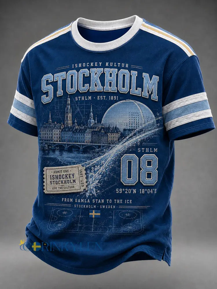 Herrtröja i vintagestil från Stockholm Sverige med korta ärmar och ishockeymotiv - A / S