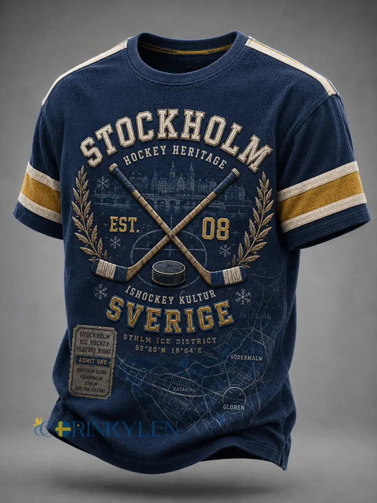 Herrtröja i vintagestil från Stockholm Sverige med korta ärmar och ishockeymotiv - A / S