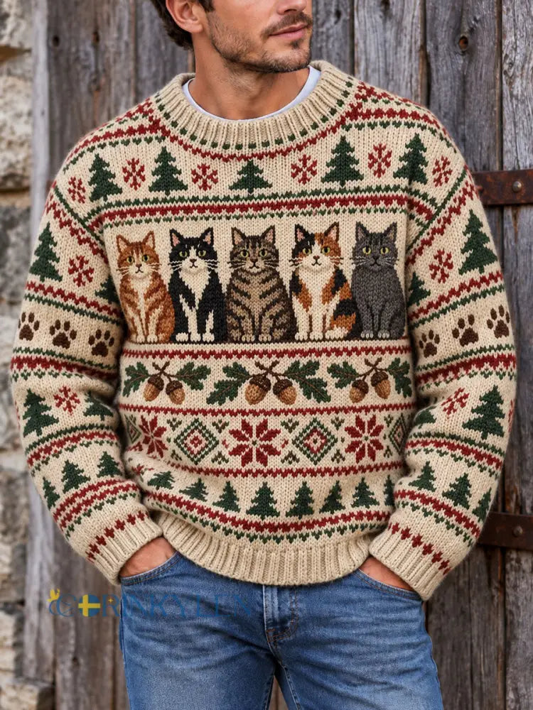 Herrtröja i vintagestil med kattmönster i Fair Isle-stickning - som bild / S