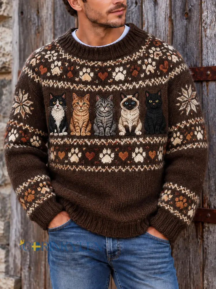 Herrtröja i vintagestil med kattmönster i Fair Isle-stickning - som bild / S
