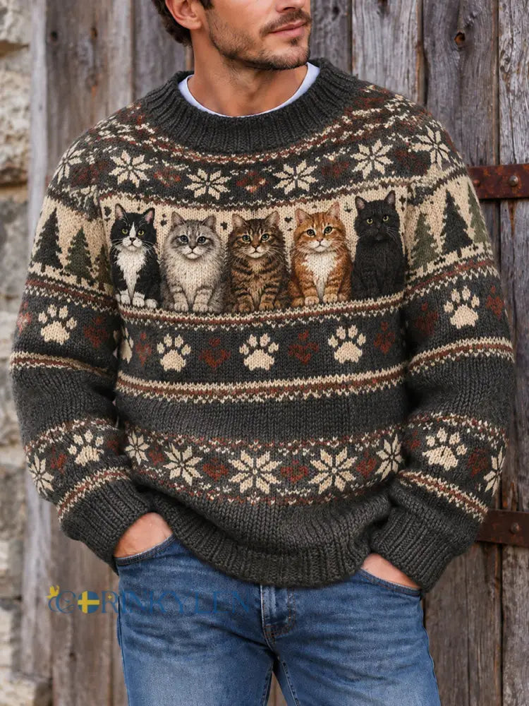 Herrtröja i vintagestil med kattmönster i Fair Isle-stickning - som bild / S