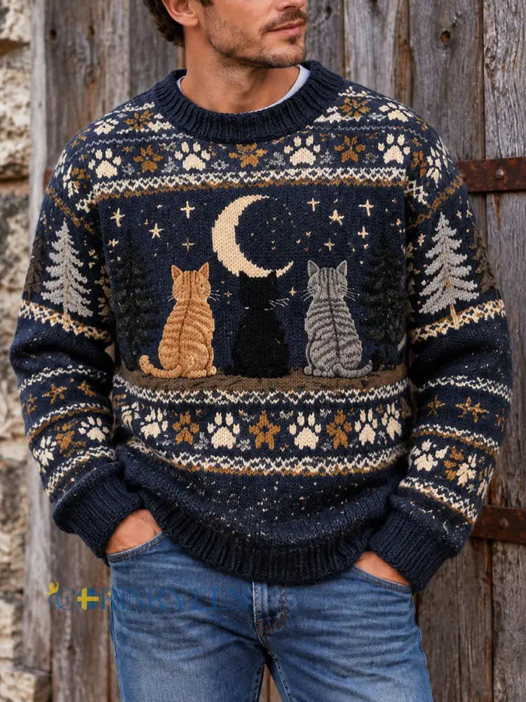 Herrtröja i vintagestil med kattmönster i Fair Isle-stickning - som bild / S