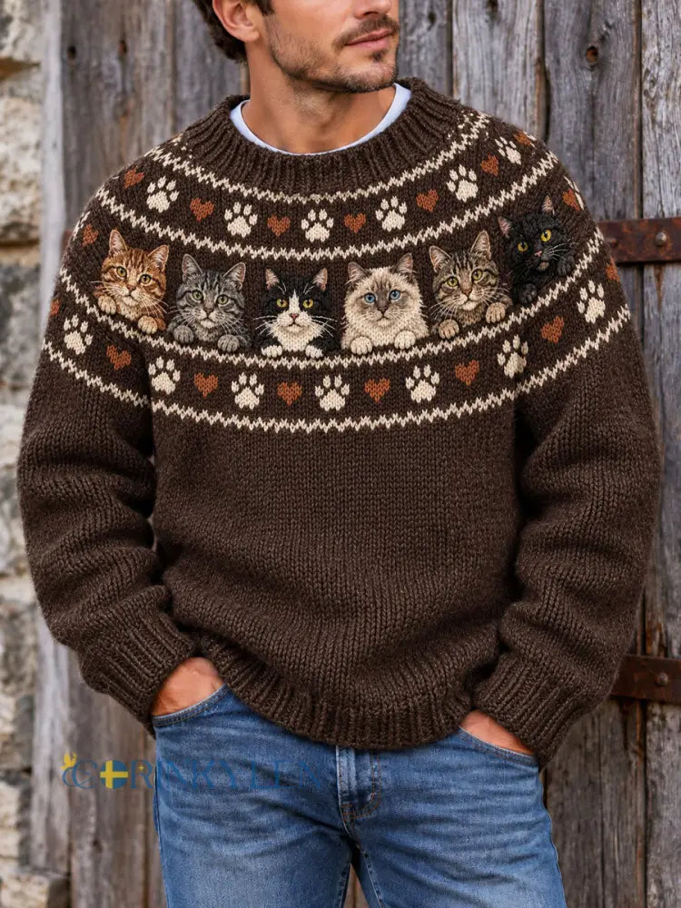 Herrtröja i vintagestil med kattmönster i Fair Isle-stickning - som bild / S