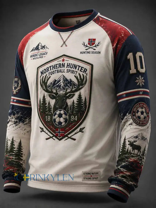Herrtröja i vintagestil med norsk älg- och fotbollsmotiv - som bild / S