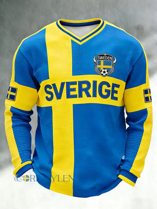 Herrtröja i waffelstickat tyg med fotbollsmotiv färgblockad design v-ringning och långa ärmar - A / S