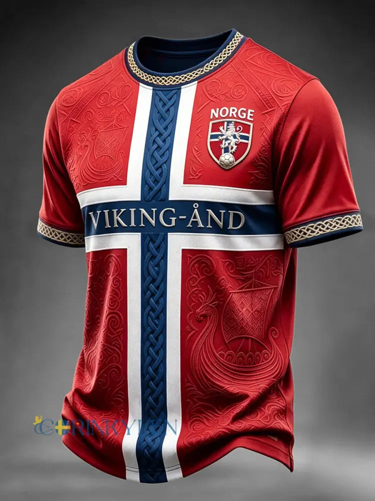 Herrtröja med fotbollsinspirerad viking- och keltiskt motiv samt korta ärmar från Norge - röd / S