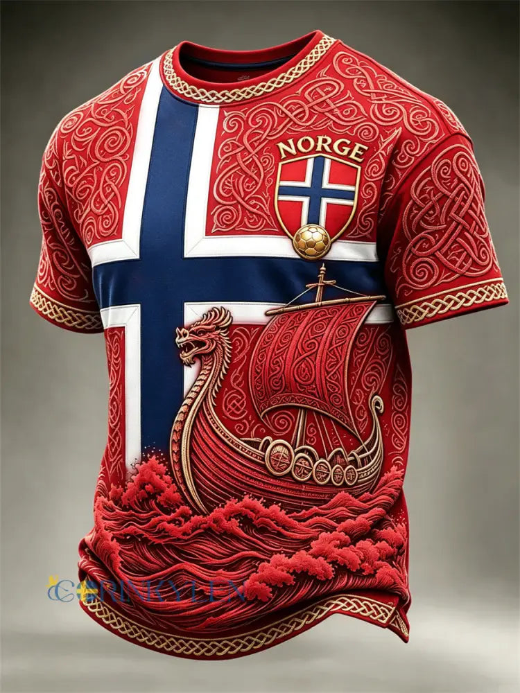 Herrtröja med fotbollsmotiv från Norge vikingaskepp över vågor och keltiskt knutmönster – flaggmönstrad färgblockdesign