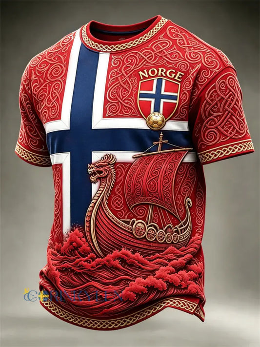 Herrtröja med fotbollsmotiv från Norge vikingaskepp över vågor och keltiskt knutmönster – flaggmönstrad färgblockdesign