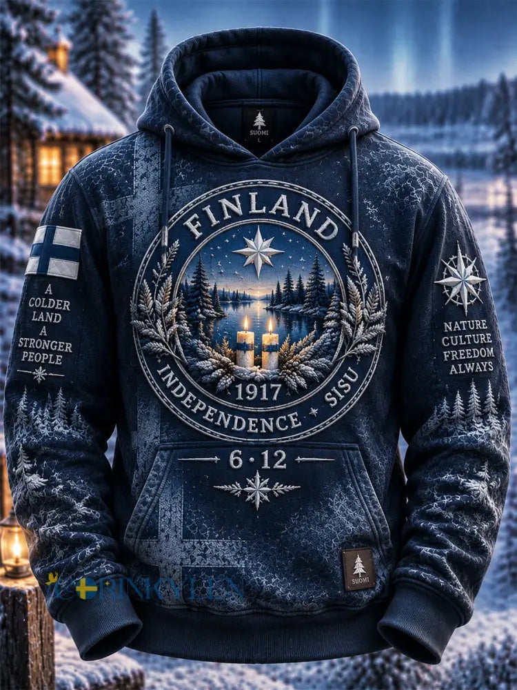 Herrtröja med kapuschong i retrostil med finsk självständighetsdag - blå / S