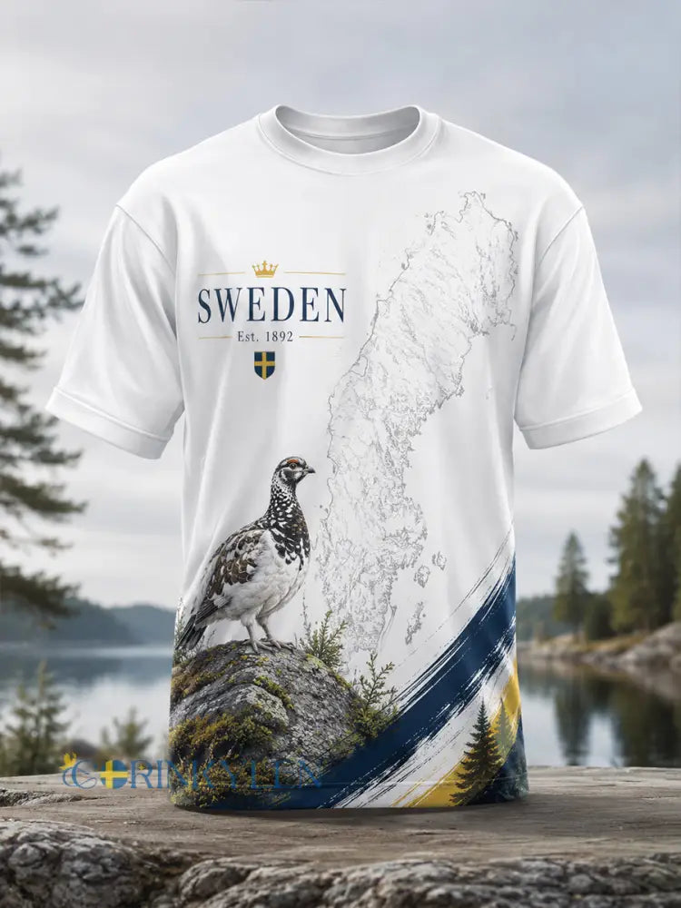 Herrtröja med konsttryck av svensk fågel och naturliga element - A / S