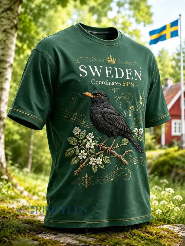 Herrtröja med konsttryck av svensk fågel och naturliga element - A / S