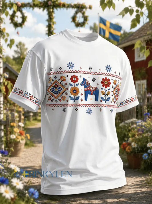 Herrtröja med konsttryck från den svenska midsommarfesten - A / S