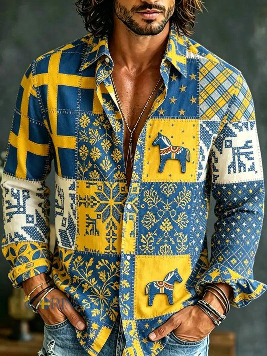 Herrtröja med konsttryck i Sveriges flaggas färger och långa ärmar - A / S