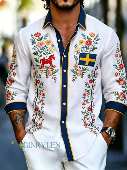 Herrtröja med konsttryck i Sveriges flaggas färger och långa ärmar - A / S
