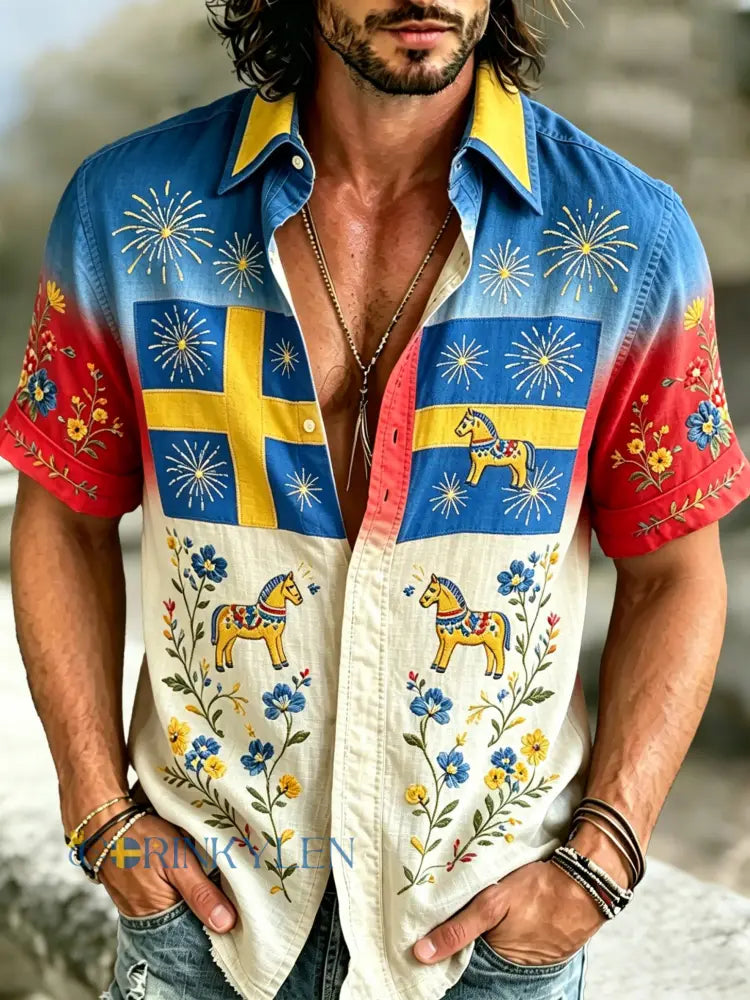 Herrtröja med konsttryck till minne av Sveriges nationaldag kortärmad - A / S