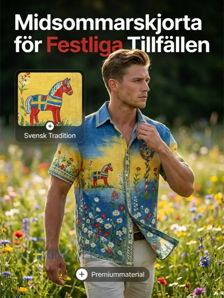 Herrtröja med korta ärmar och konstprint som hyllar den svenska midsommarfesten