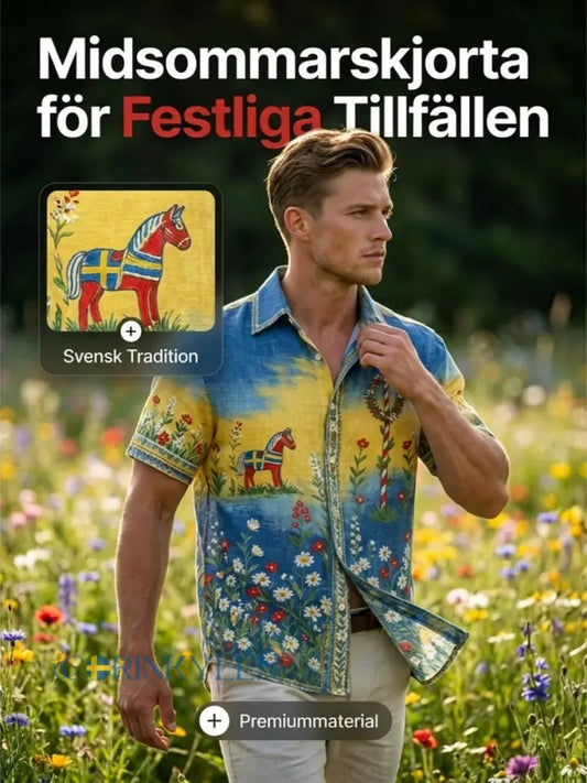 Herrtröja med korta ärmar och konstprint som hyllar den svenska midsommarfesten