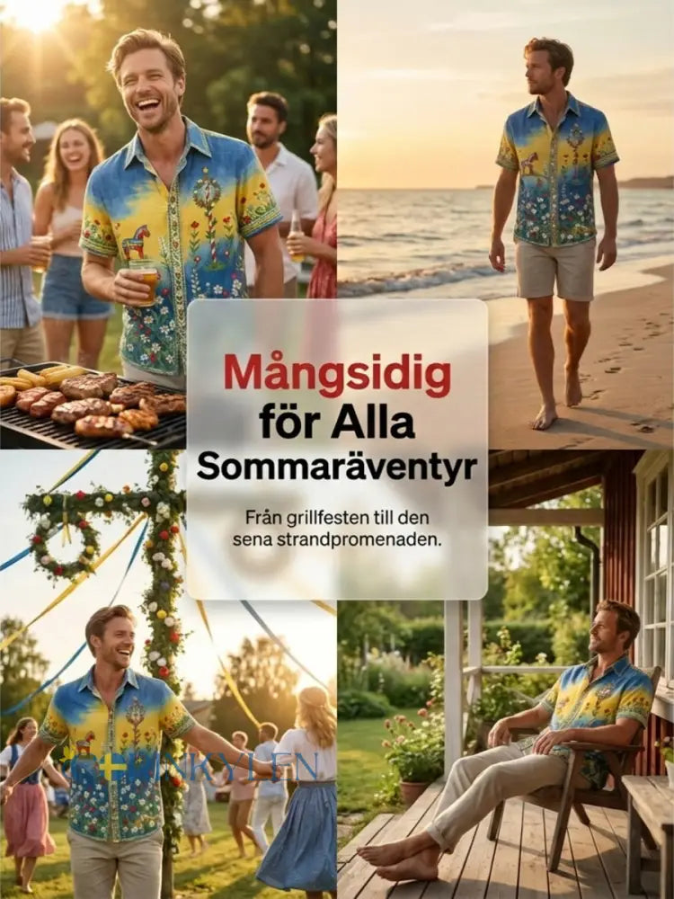 Herrtröja med korta ärmar och konstprint som hyllar den svenska midsommarfesten