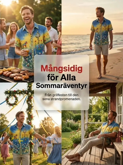 Herrtröja med korta ärmar och konstprint som hyllar den svenska midsommarfesten