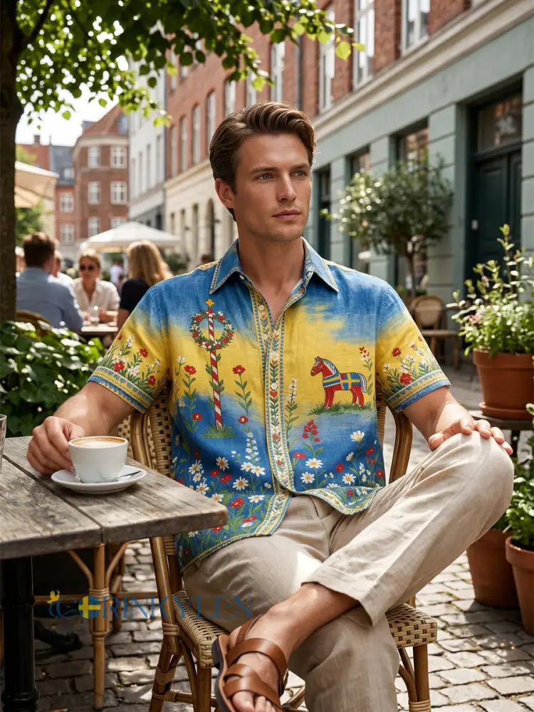 Herrtröja med korta ärmar och konstprint som hyllar den svenska midsommarfesten