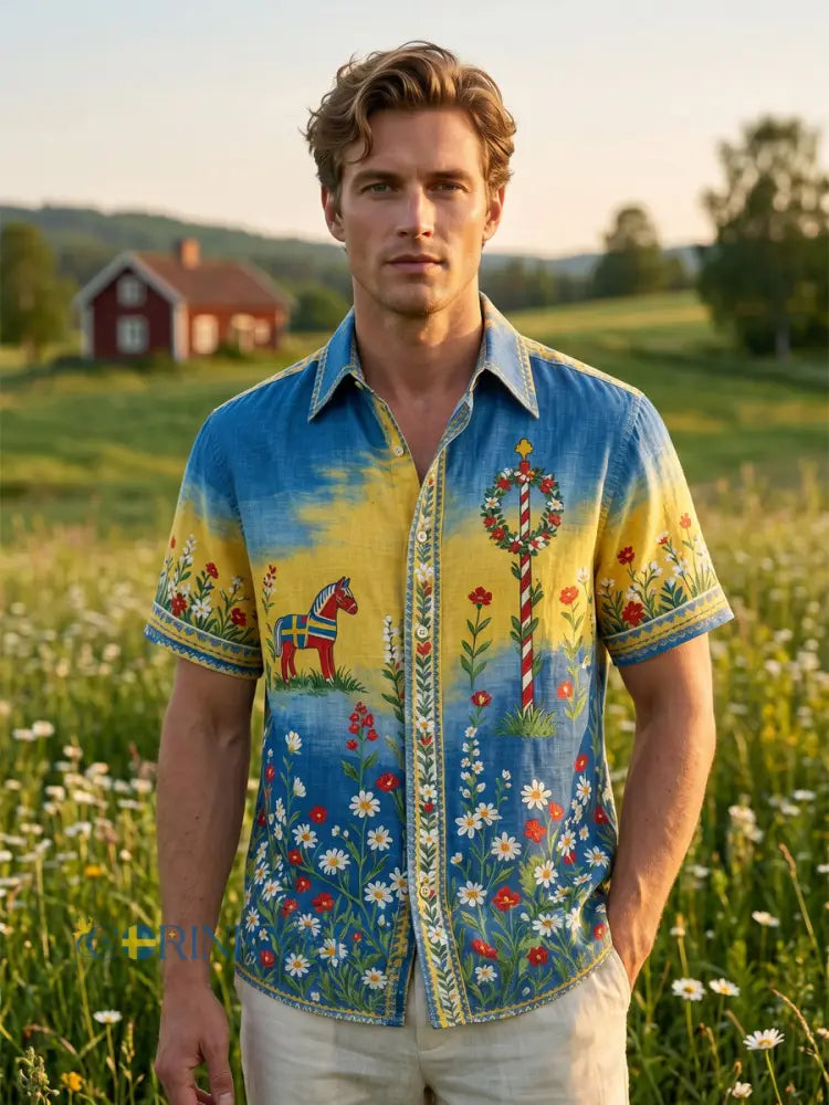 Herrtröja med korta ärmar och konstprint som hyllar den svenska midsommarfesten
