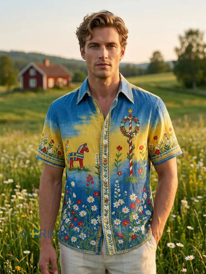 Herrtröja med korta ärmar och konstprint som hyllar den svenska midsommarfesten