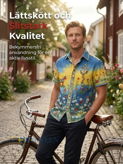 Herrtröja med korta ärmar och konstprint som hyllar den svenska midsommarfesten