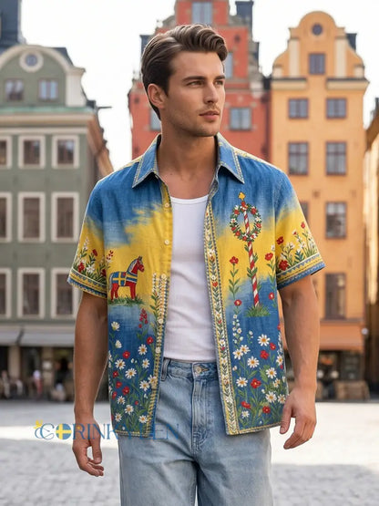 Herrtröja med korta ärmar och konstprint som hyllar den svenska midsommarfesten