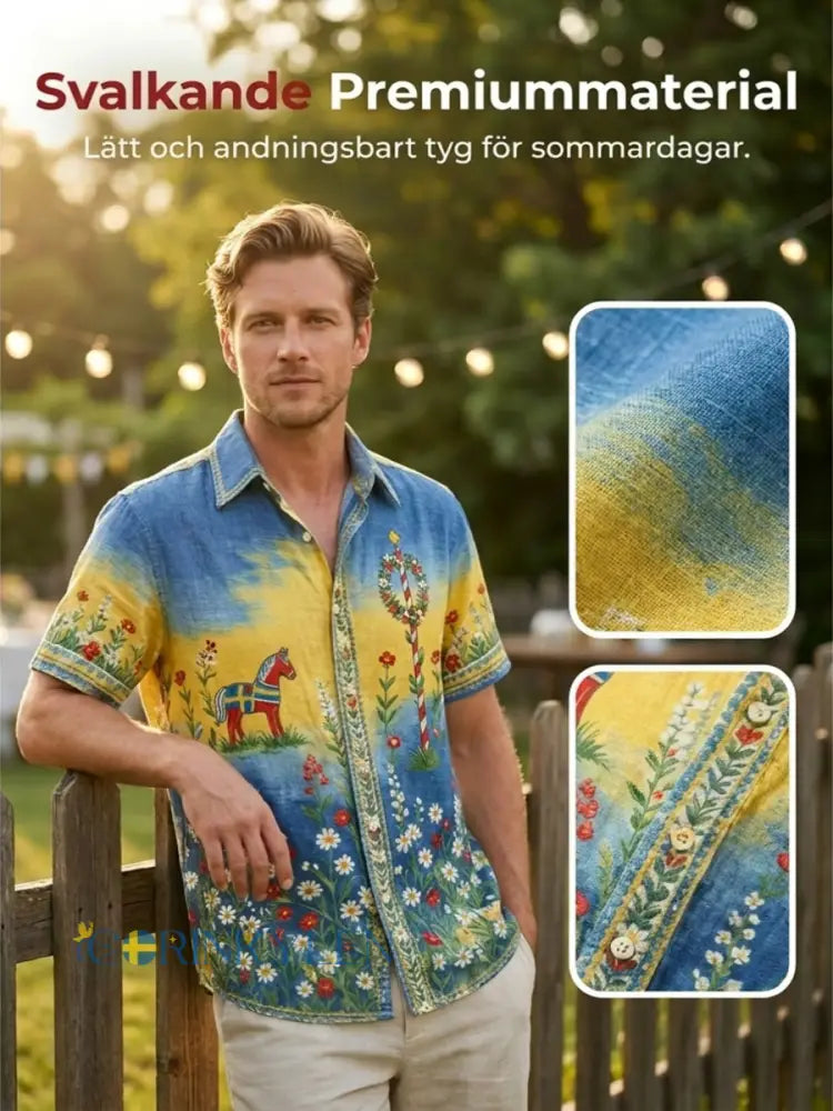 Herrtröja med korta ärmar och konstprint som hyllar den svenska midsommarfesten