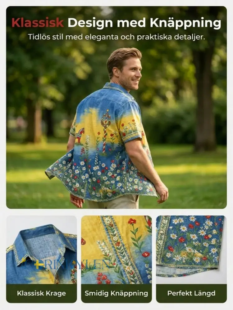 Herrtröja med korta ärmar och konstprint som hyllar den svenska midsommarfesten